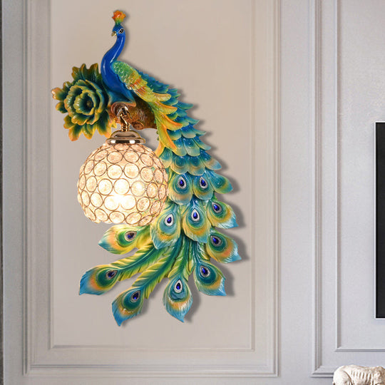 Modern Resin Flower And Peacock Wall Lamp - Dining Room Fixture With Clear K9 Crystal Shade In