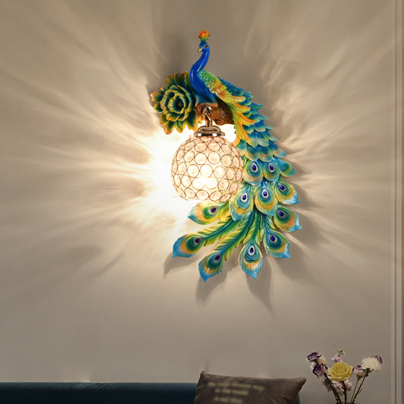 Modern Resin Flower And Peacock Wall Lamp - Dining Room Fixture With Clear K9 Crystal Shade In