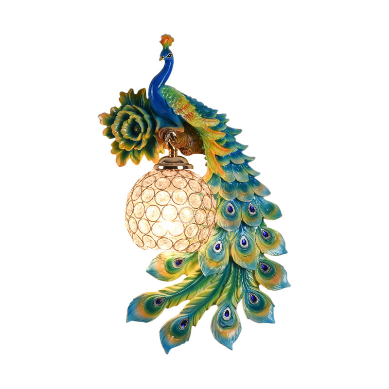 Modern Resin Flower And Peacock Wall Lamp - Dining Room Fixture With Clear K9 Crystal Shade In