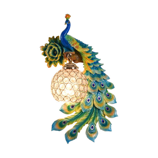 Modern Resin Flower And Peacock Wall Lamp - Dining Room Fixture With Clear K9 Crystal Shade In