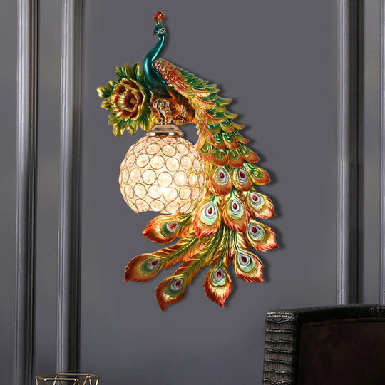 Modern Resin Flower And Peacock Wall Lamp - Dining Room Fixture With Clear K9 Crystal Shade In