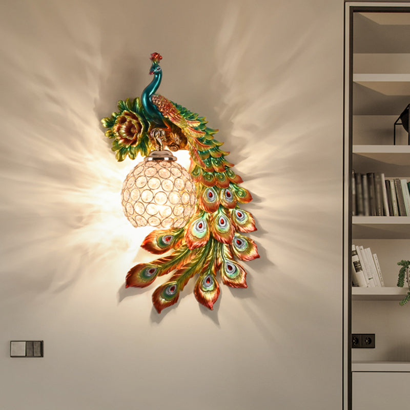 Modern Resin Flower And Peacock Wall Lamp - Dining Room Fixture With Clear K9 Crystal Shade In