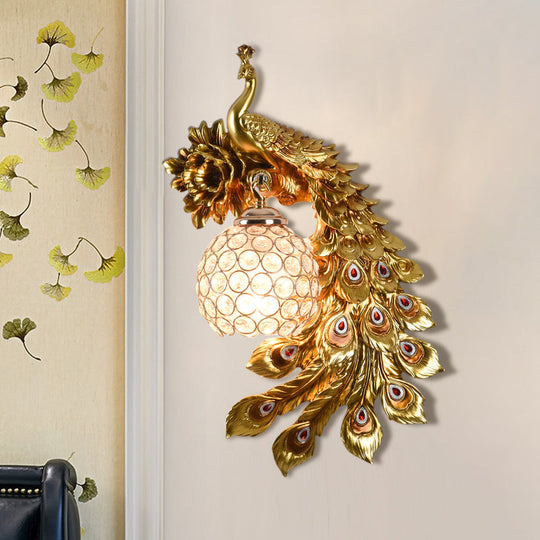 Modern Resin Flower And Peacock Wall Lamp - Dining Room Fixture With Clear K9 Crystal Shade In