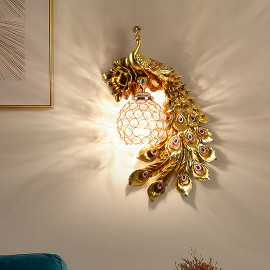 Modern Resin Flower And Peacock Wall Lamp - Dining Room Fixture With Clear K9 Crystal Shade In