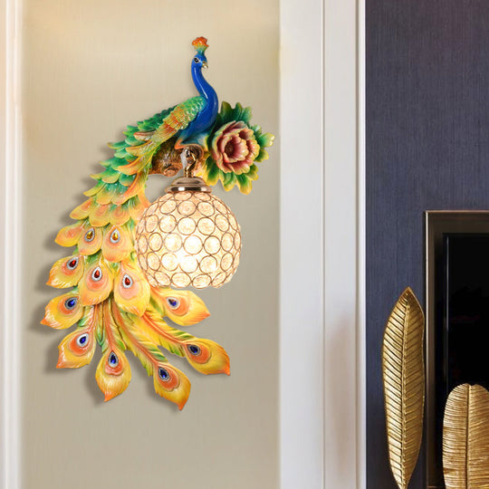 Modern Resin Flower And Peacock Wall Lamp - Dining Room Fixture With Clear K9 Crystal Shade In