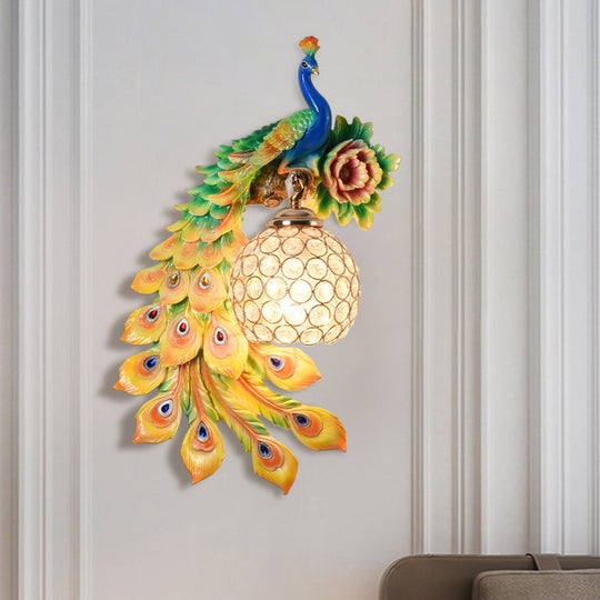 Modern Resin Flower And Peacock Wall Lamp - Dining Room Fixture With Clear K9 Crystal Shade In