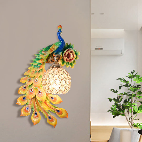 Modern Resin Flower And Peacock Wall Lamp - Dining Room Fixture With Clear K9 Crystal Shade In