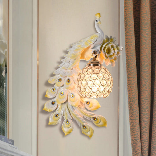 Modern Resin Flower And Peacock Wall Lamp - Dining Room Fixture With Clear K9 Crystal Shade In