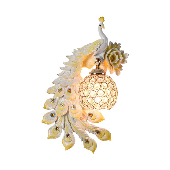 Modern Resin Flower And Peacock Wall Lamp - Dining Room Fixture With Clear K9 Crystal Shade In