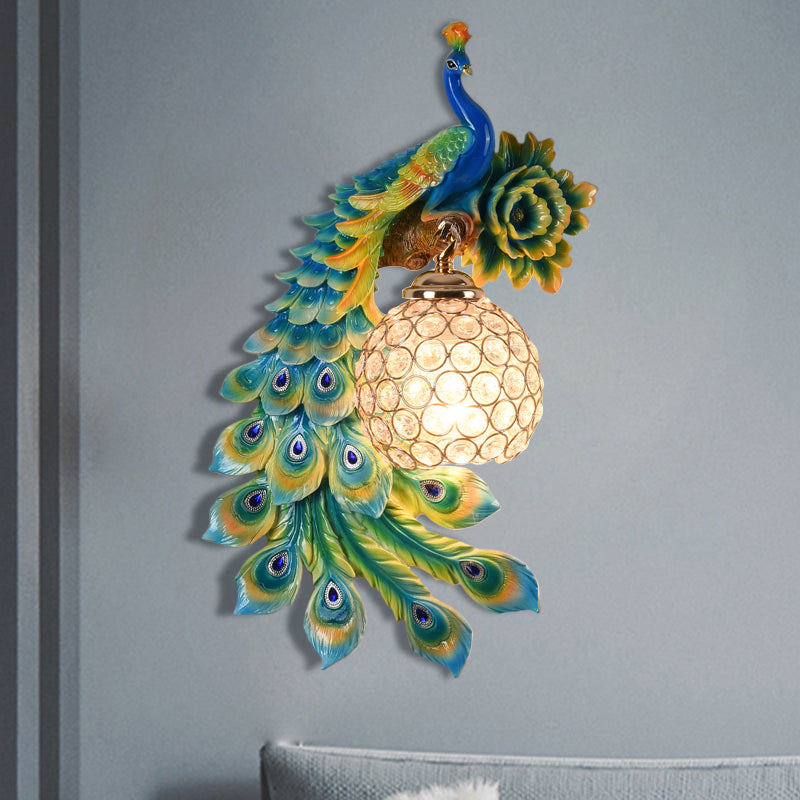 Modern Resin Flower And Peacock Wall Lamp - Dining Room Fixture With Clear K9 Crystal Shade In