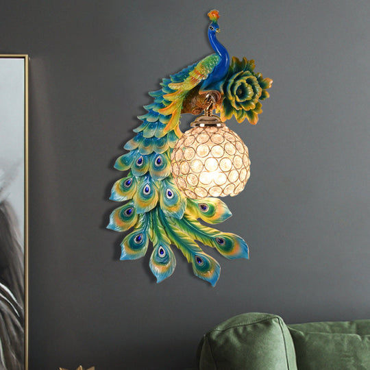 Modern Resin Flower And Peacock Wall Lamp - Dining Room Fixture With Clear K9 Crystal Shade In