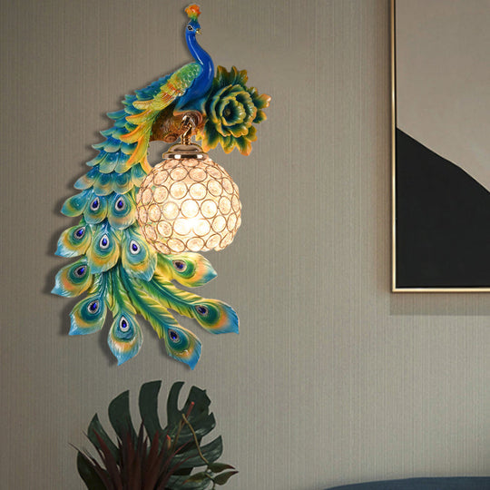 Modern Resin Flower And Peacock Wall Lamp - Dining Room Fixture With Clear K9 Crystal Shade In