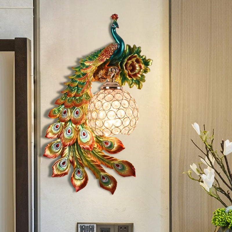 Modern Resin Flower And Peacock Wall Lamp - Dining Room Fixture With Clear K9 Crystal Shade In