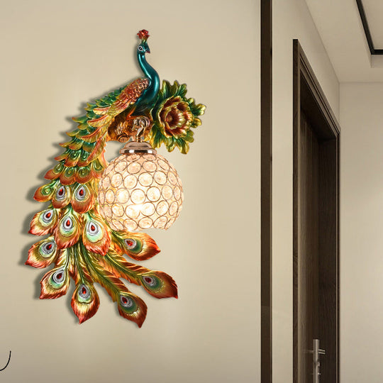 Modern Resin Flower And Peacock Wall Lamp - Dining Room Fixture With Clear K9 Crystal Shade In