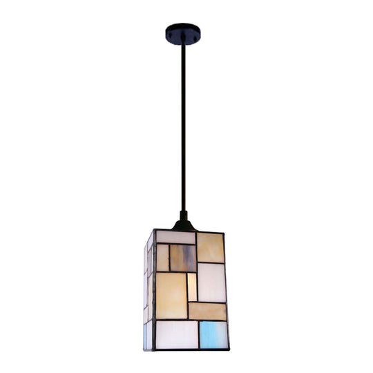 Blue Tiffany Style Hanging Lamp - Stainless Glass Rectangular Suspension Light for Corridor - 1 Head, 4.5"/6" Width