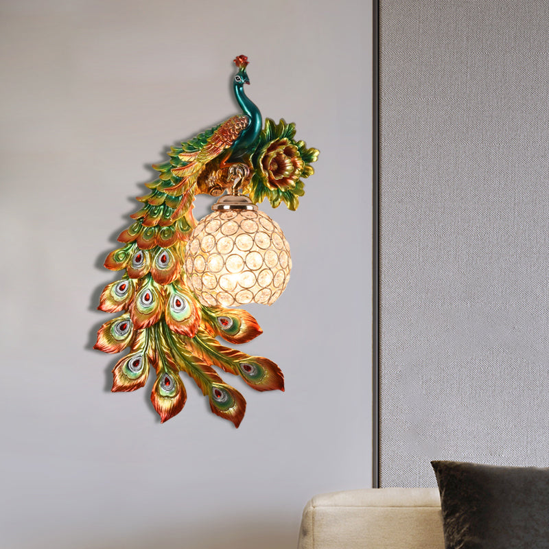 Modern Resin Flower And Peacock Wall Lamp - Dining Room Fixture With Clear K9 Crystal Shade In