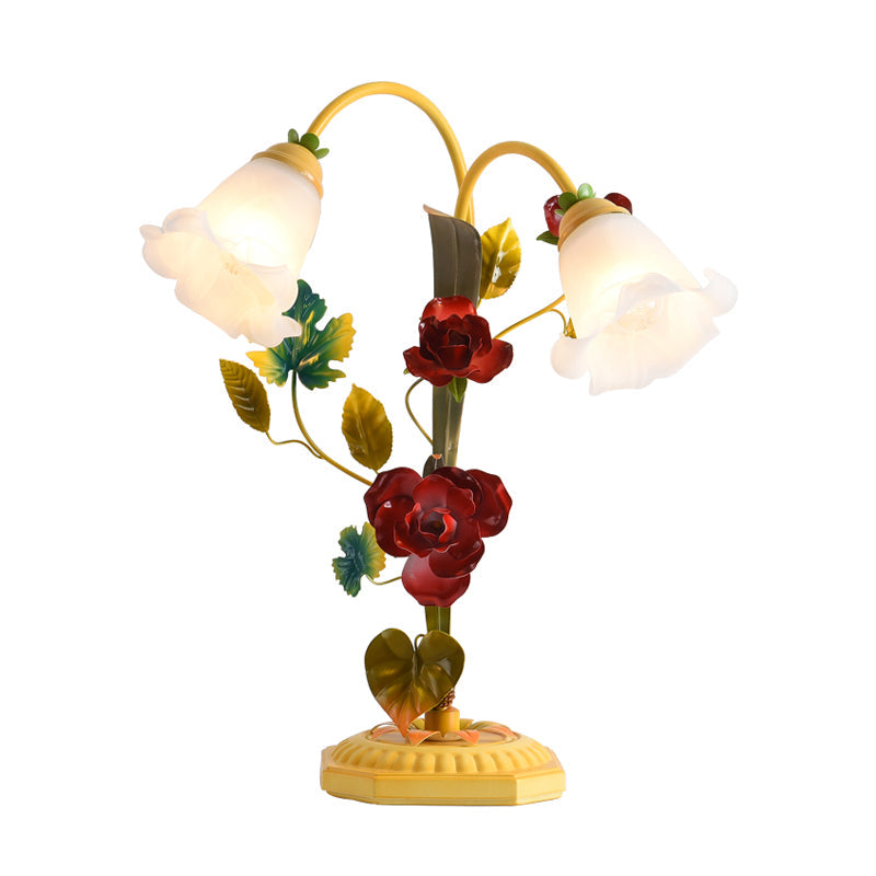 Yellow Frosted Glass Table Lamp With Antique Rose Night Light