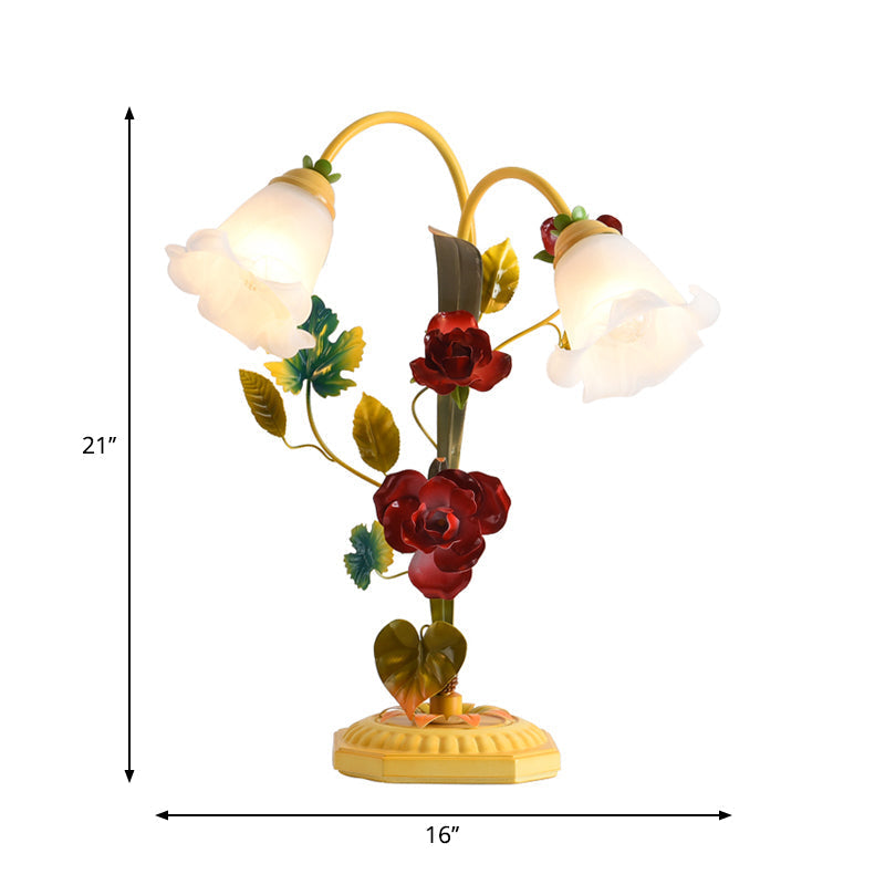 Yellow Frosted Glass Table Lamp With Antique Rose Night Light