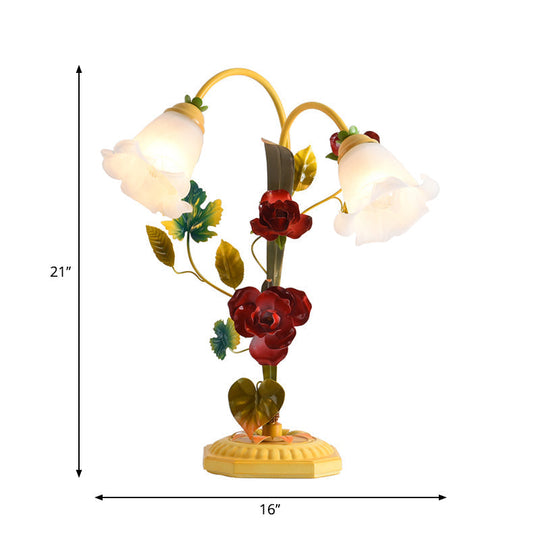 Yellow Frosted Glass Table Lamp With Antique Rose Night Light