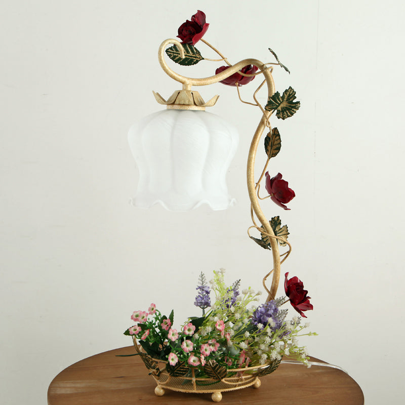 Vintage Flower Desk Lamp - 1 Light Cream Glass Nightstand Lighting With Floral Decor In