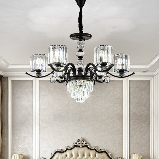 Black Tiered Crystal Chandelier - 6 Lights Sleek Ceiling Lamp With Cylinder Shade