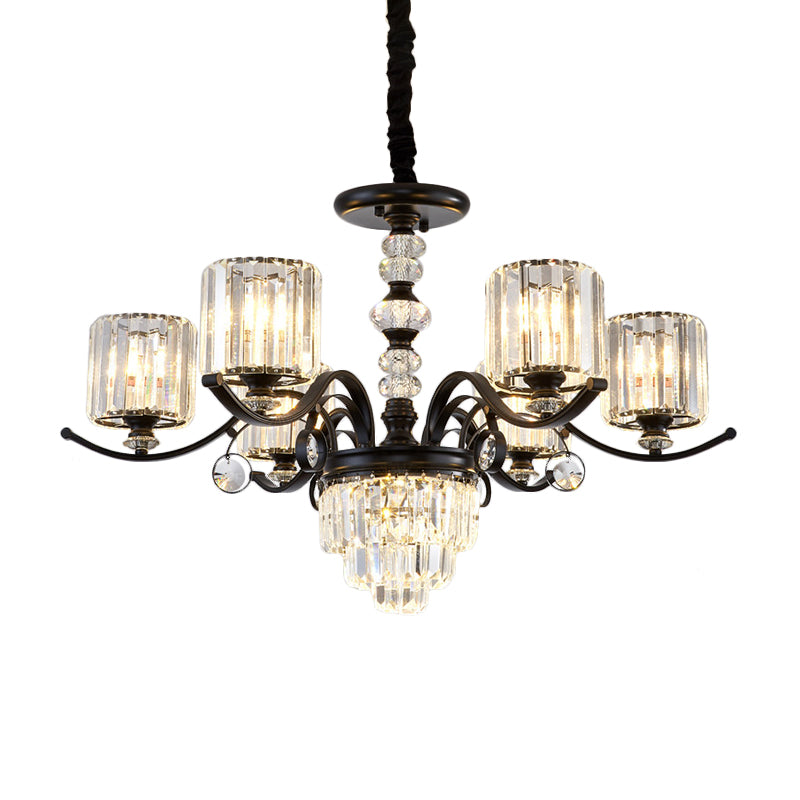 Modern Black Crystal Chandelier with 6 Tiered Parlor Lights & Cylindrical Shade