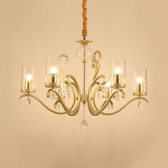 Minimalist Clear Glass Cylinder Suspension Lamp - 6 Head Gold Chandelier With Crystal Droplets