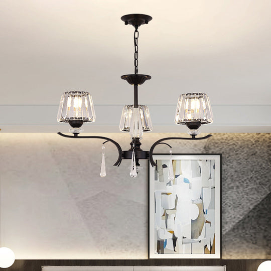 Simple Beveled Crystal Chandelier - 3 Lights - Elegant Black Suspension Lamp with Droplet