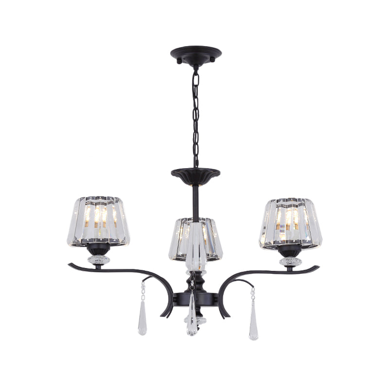 Simple Beveled Crystal Chandelier - 3 Lights - Elegant Black Suspension Lamp with Droplet