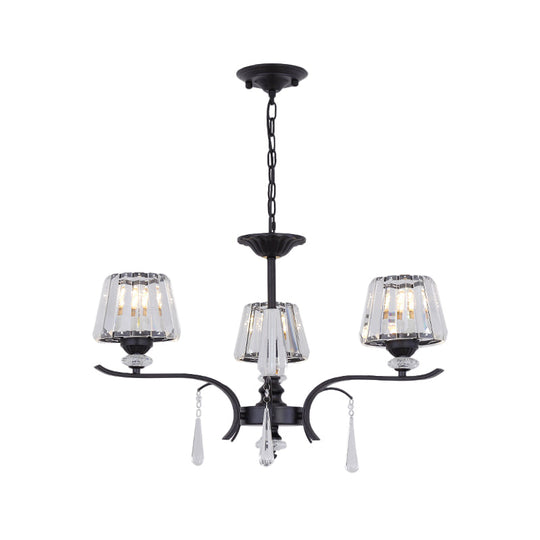 Black Beveled Crystal Conical Chandelier - Elegant 3-Light Ceiling Suspension Lamp With Droplet