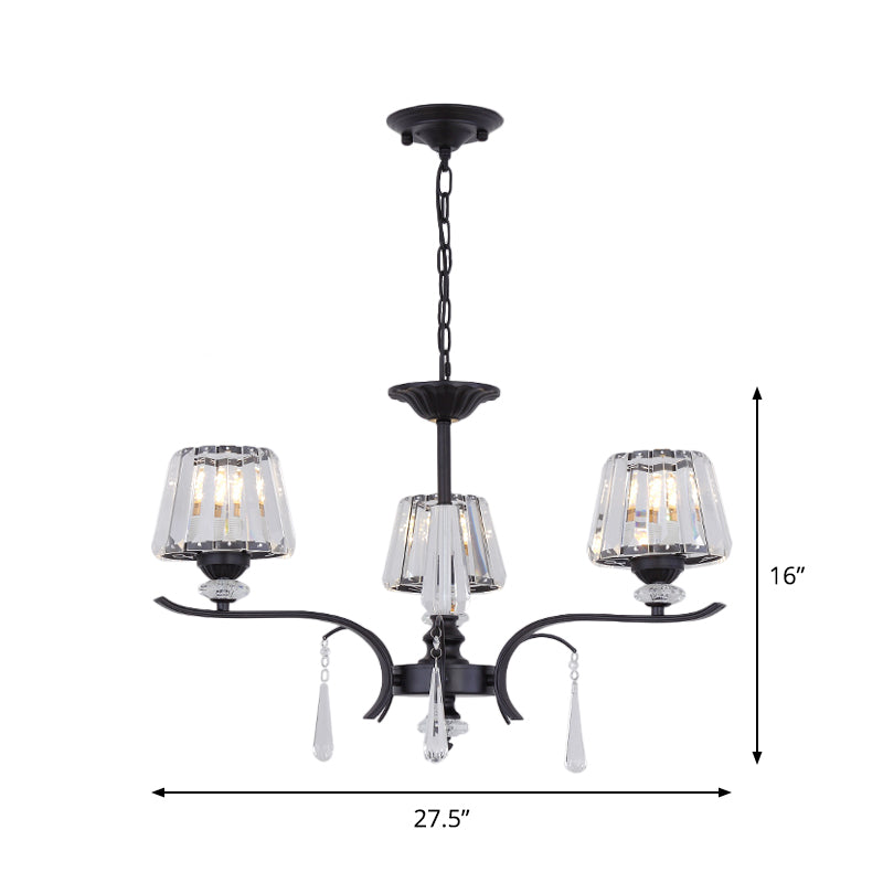 Black Beveled Crystal Conical Chandelier - Elegant 3-Light Ceiling Suspension Lamp With Droplet