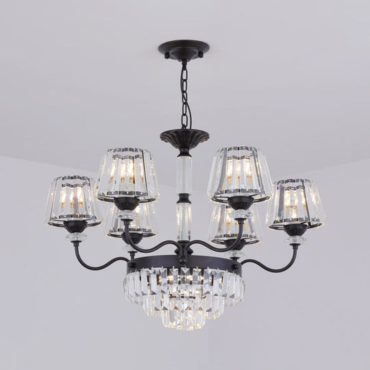 Black Tiered Crystal Block Chandelier Lamp with Down Lighting - 6 Lights, Conical Shade