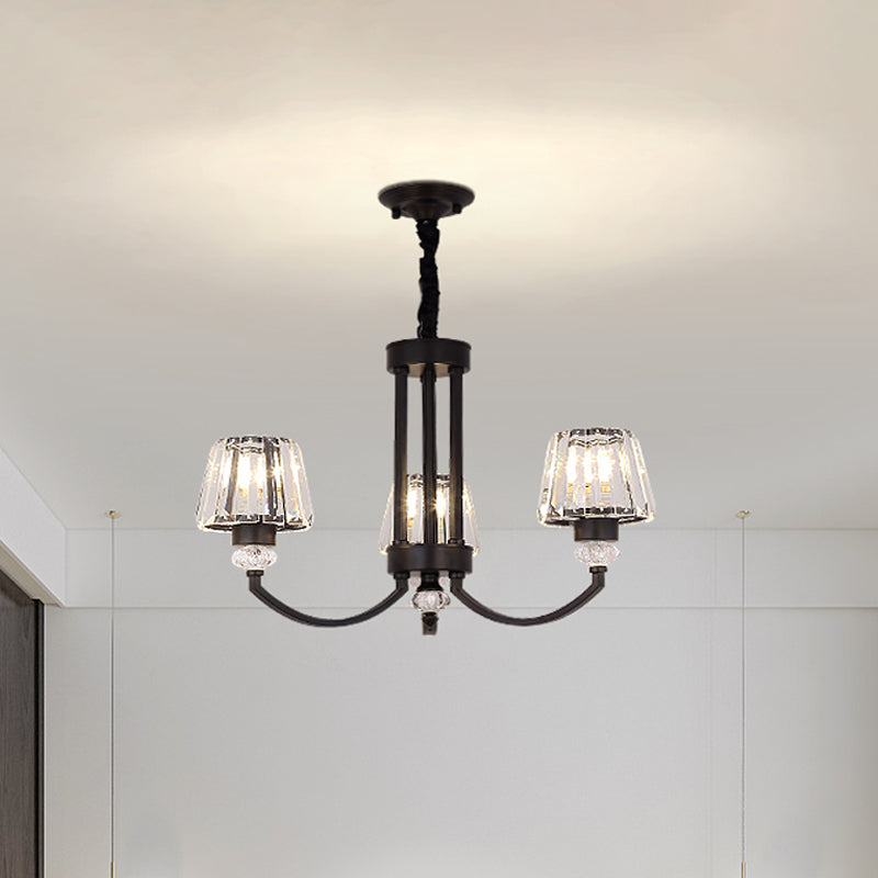 Modernist Cone Ceiling Pendant Chandelier With Crystal Rectangle In Black - 3/6 Lights For Dining