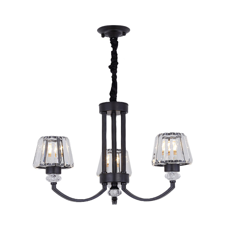 Modernist Cone Ceiling Pendant Chandelier With Crystal Rectangle In Black - 3/6 Lights For Dining