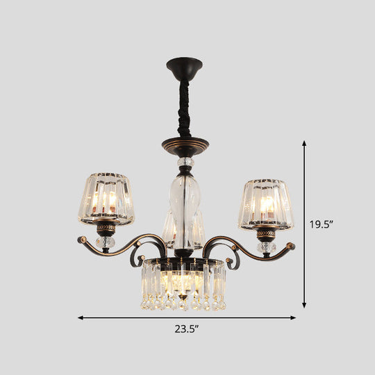 Contemporary Black Crystal Chandelier With Conic Down Lighting - 3/6 Heads