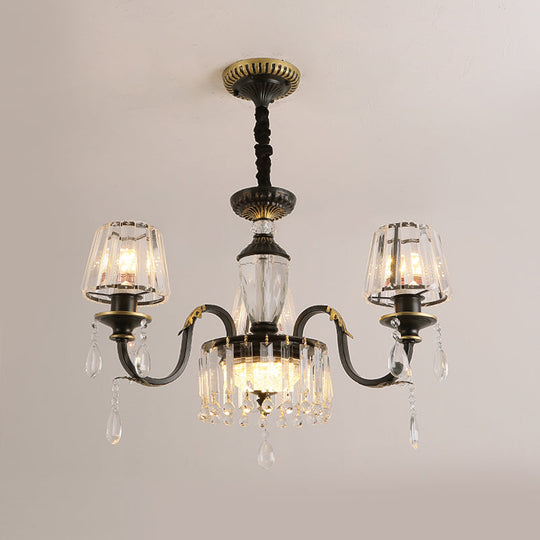 Modern Black Crystal Chandelier With Droplet - 3/6 Heads Down Lighting Pendant