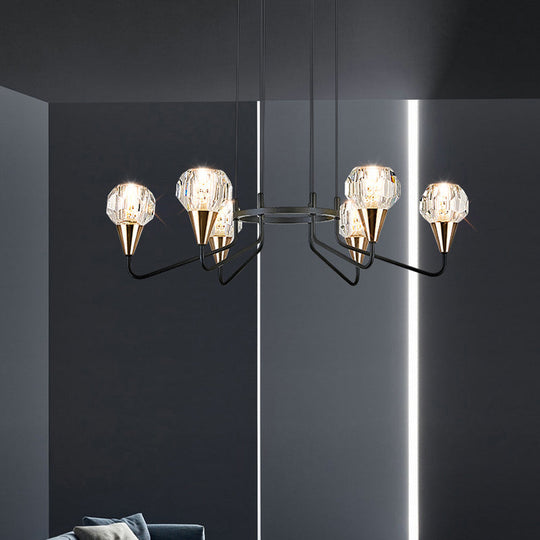 Minimalist Black Chandelier With Round Faceted Crystal Shade - 6/8 Bulb Living Room Suspension Light