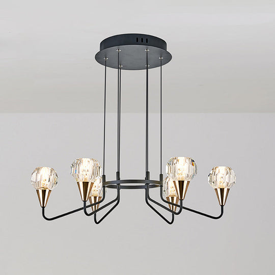 Minimalist Black Chandelier With Round Faceted Crystal Shade - 6/8 Bulb Living Room Suspension Light