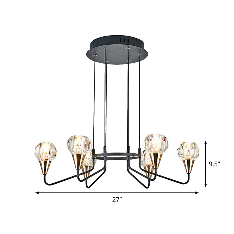 Minimalist Black Chandelier With Round Faceted Crystal Shade - 6/8 Bulb Living Room Suspension Light