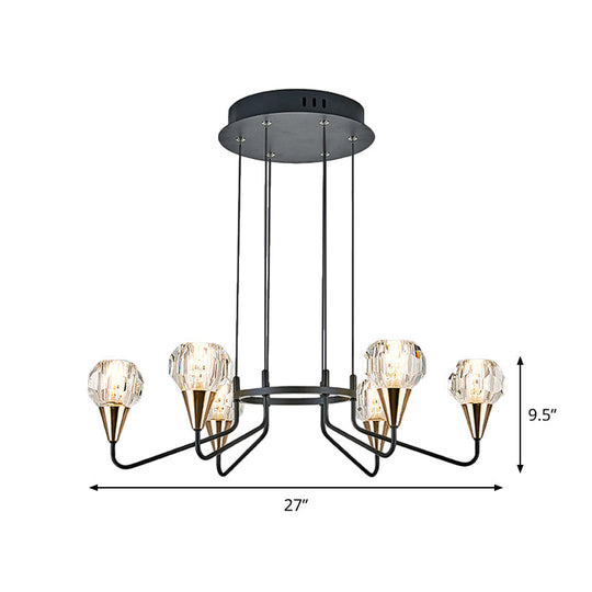 Minimalist Black Chandelier With Round Faceted Crystal Shade - 6/8 Bulb Living Room Suspension Light