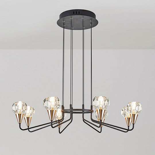 Minimalist Black Chandelier With Round Faceted Crystal Shade - 6/8 Bulb Living Room Suspension Light