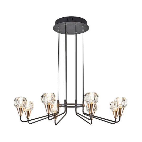 Minimalist Black Chandelier With Round Faceted Crystal Shade - 6/8 Bulb Living Room Suspension Light