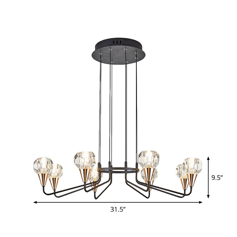 Minimalist Black Chandelier With Round Faceted Crystal Shade - 6/8 Bulb Living Room Suspension Light