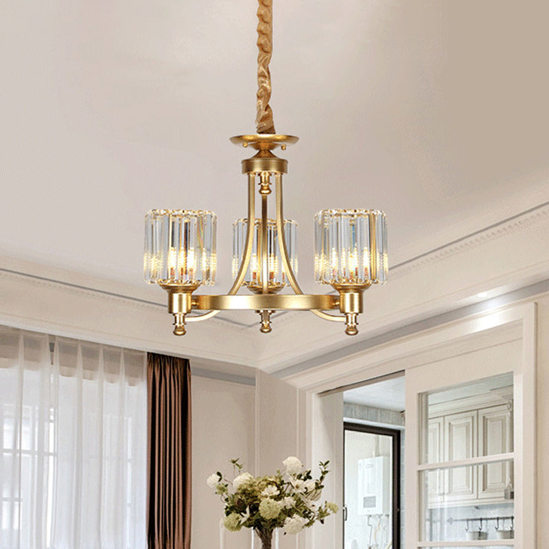 Contemporary 3/6-Bulb Metal Round Chandelier With Drum Crystal Prisms Shade - Gold Ceiling Pendant