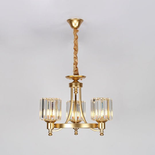 Contemporary Metal Round Chandelier - Gold Ceiling Pendant Light with Drum Crystal Prisms Shade (3/6-Bulb)