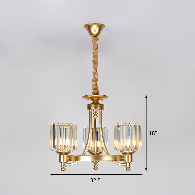 Contemporary Metal Round Chandelier - Gold Ceiling Pendant Light with Drum Crystal Prisms Shade (3/6-Bulb)