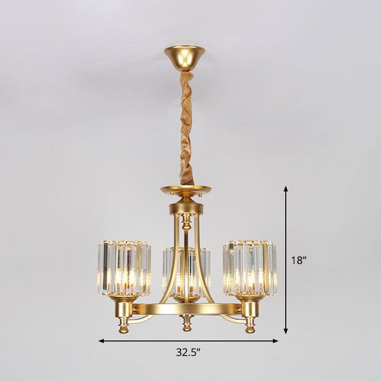 Contemporary Metal Round Chandelier - Gold Ceiling Pendant Light with Drum Crystal Prisms Shade (3/6-Bulb)