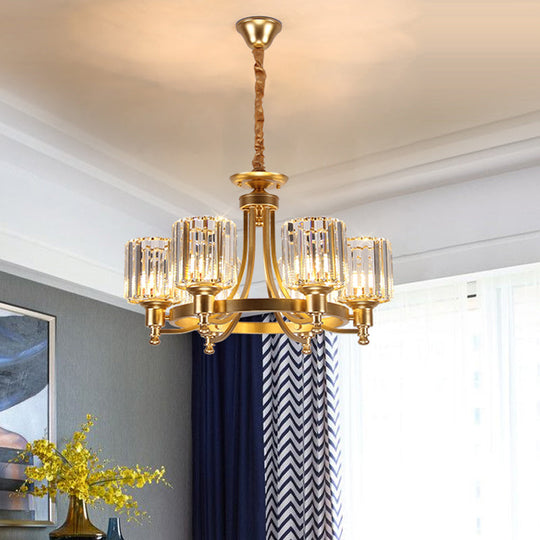 Contemporary Metal Round Chandelier - Gold Ceiling Pendant Light with Drum Crystal Prisms Shade (3/6-Bulb)