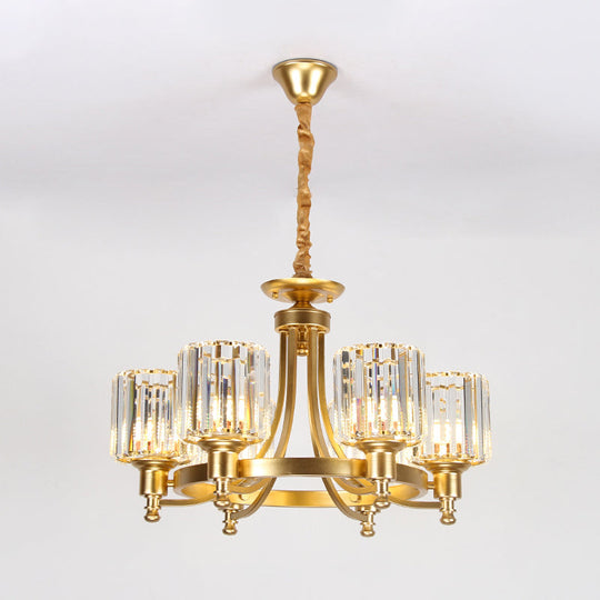 Contemporary 3/6-Bulb Metal Round Chandelier With Drum Crystal Prisms Shade - Gold Ceiling Pendant