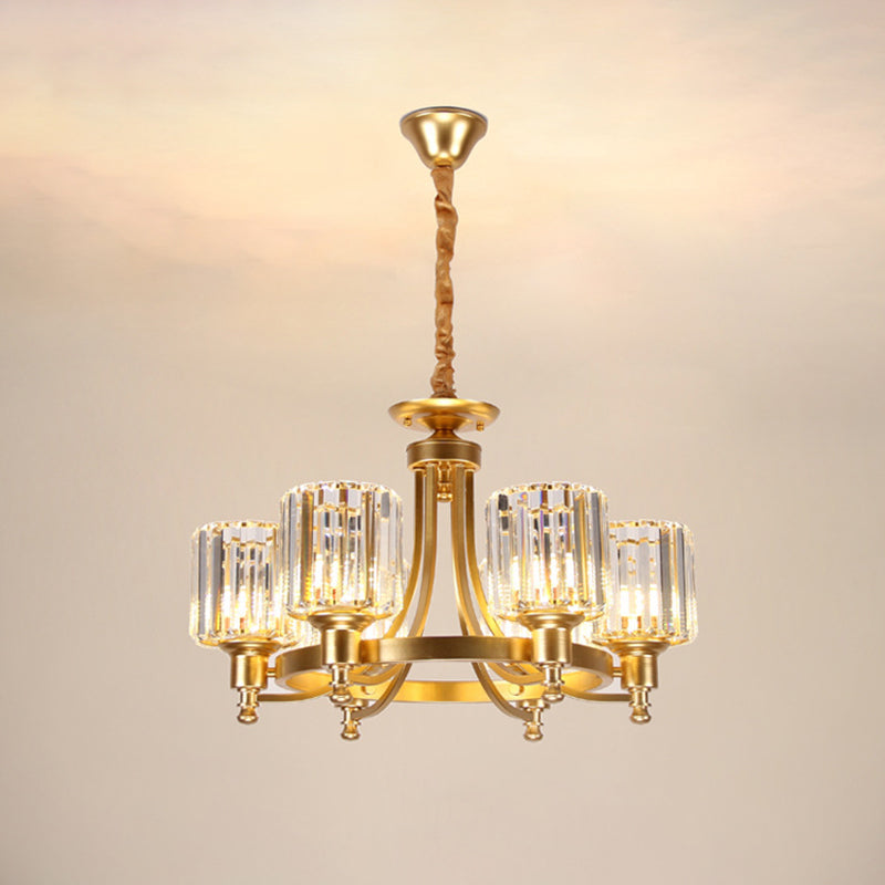 Contemporary Metal Round Chandelier - Gold Ceiling Pendant Light with Drum Crystal Prisms Shade (3/6-Bulb)